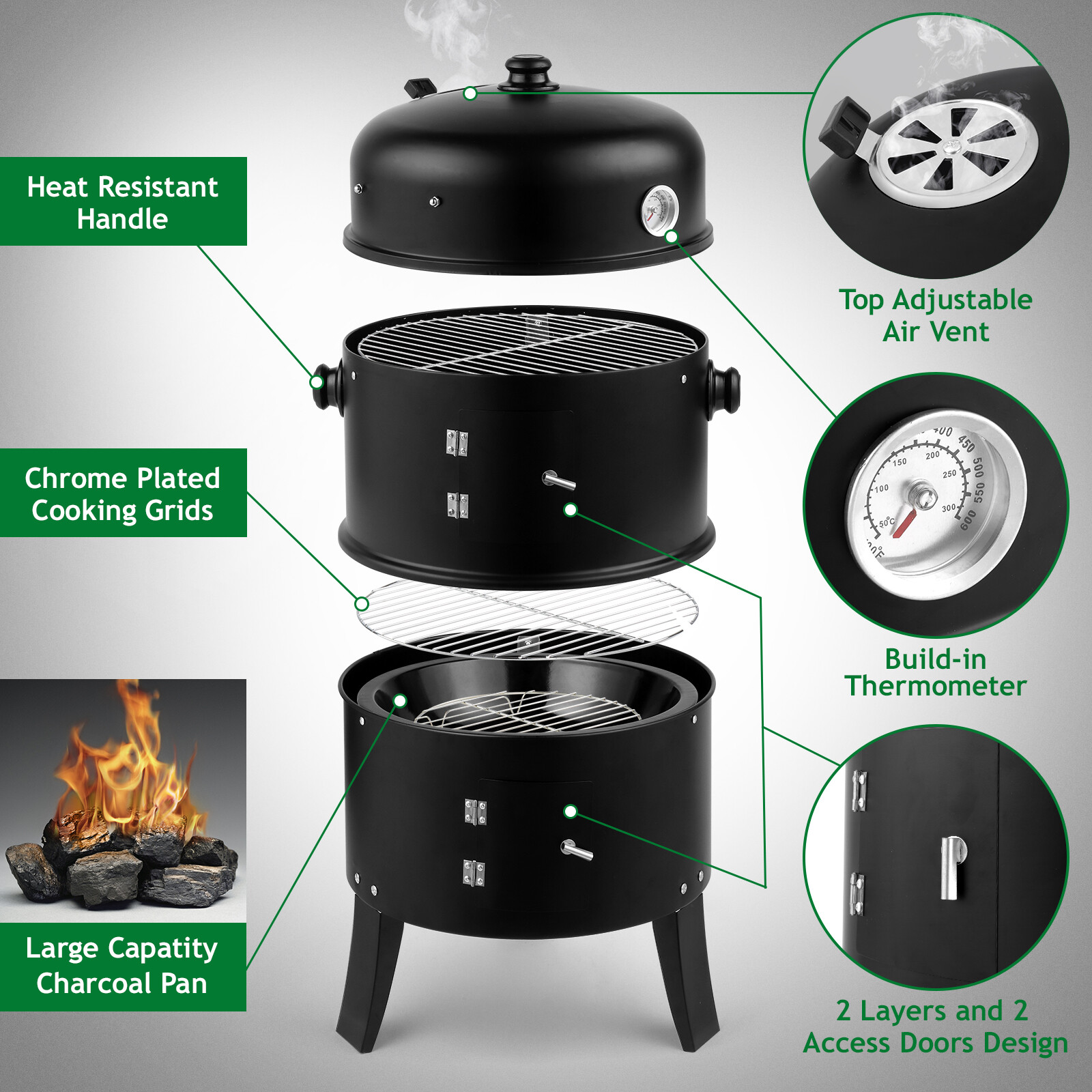 Charcoal Smoker BBQ Grill 3in1 Outdoor Vertical Smokers Portable Meat Cooker