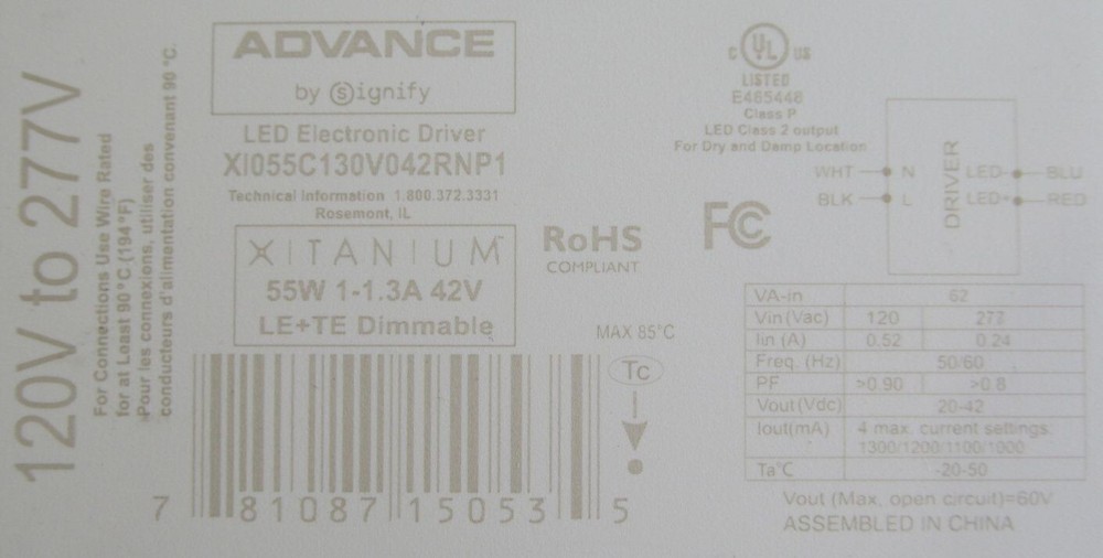 PHILIPS XITANIUM 55W SELECTABLE LED ELECTRONIC DRIVER XI055C130V042RNP1 DIMMABLE