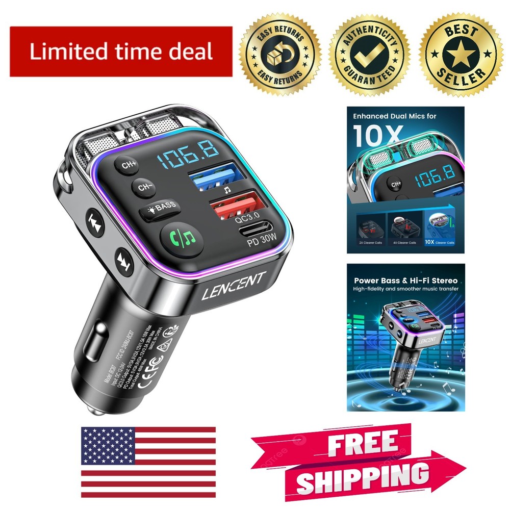 Bluetooth 5.3 FM Transmitter Car Adapter with PD30W Fast Charger & HiFi Bass