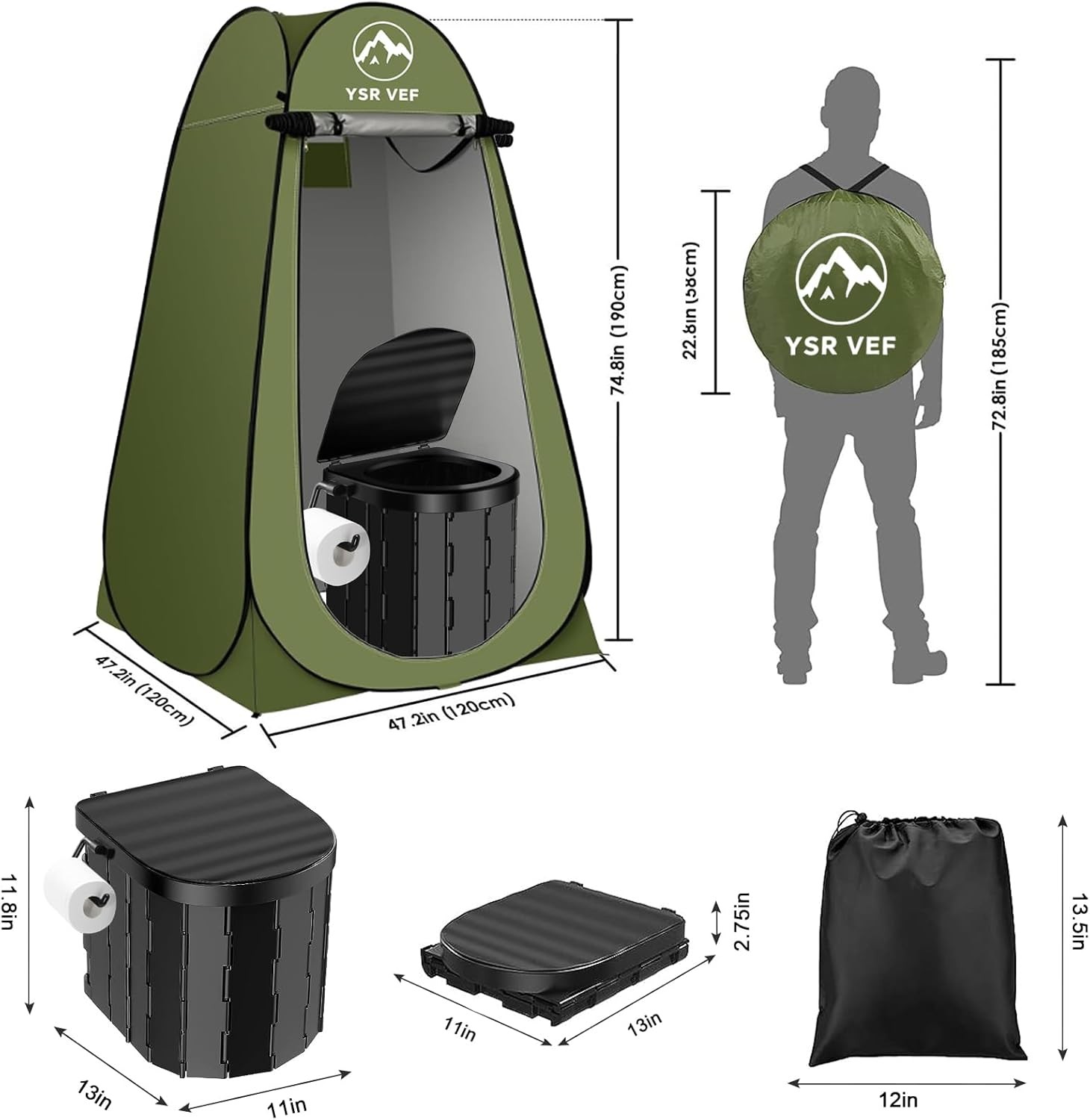 Portable toilet set, camping toilet with pop-up privacy tent and poop bag,