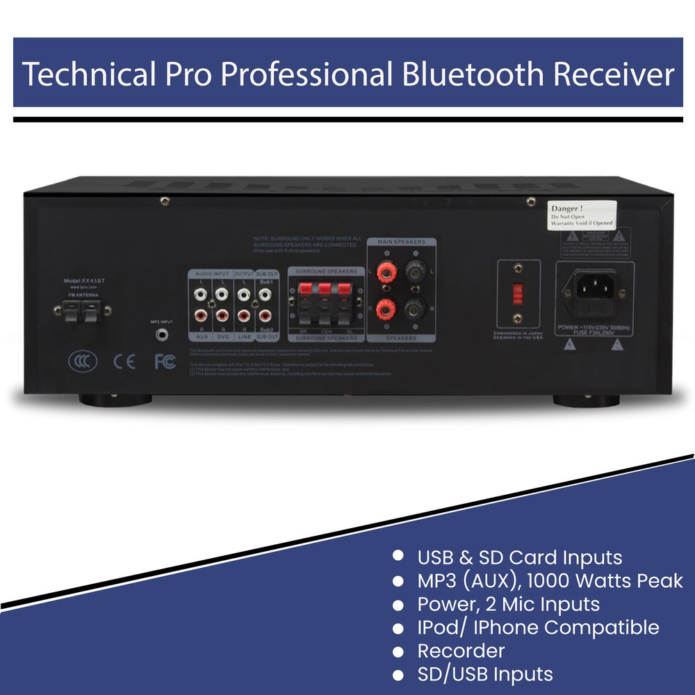 Technical Pro RX45BT Bluetooth Receiver w/ USB & SD Card Inputs,1000W Peak Power
