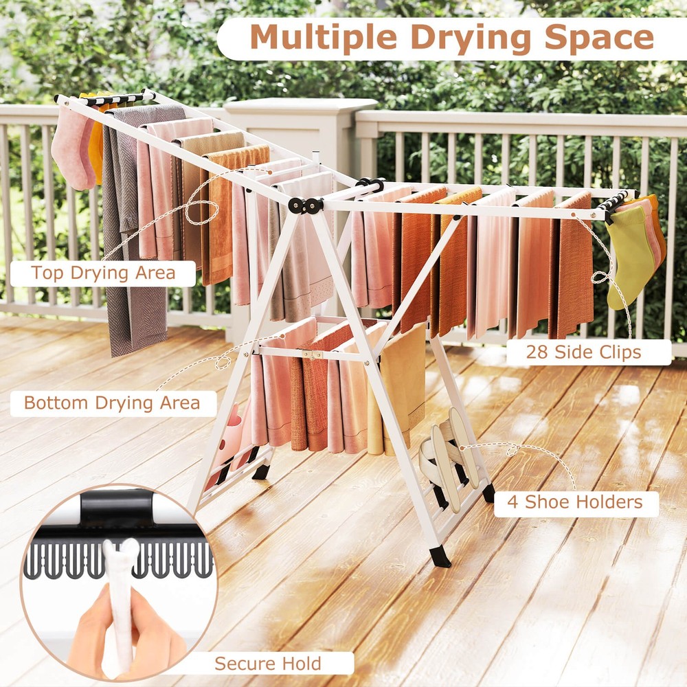 Foldable Metal Laundry Drying Rack w/Height Adjustable Wings, 18 Drying Rails
