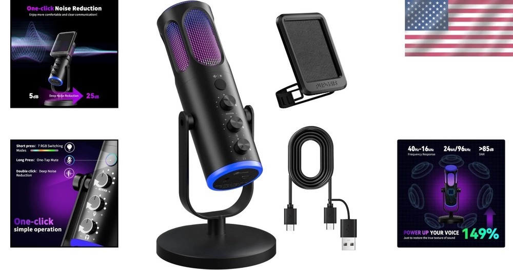 Professional USB Condenser Microphone for Streaming with RGB & One-Touch Mute