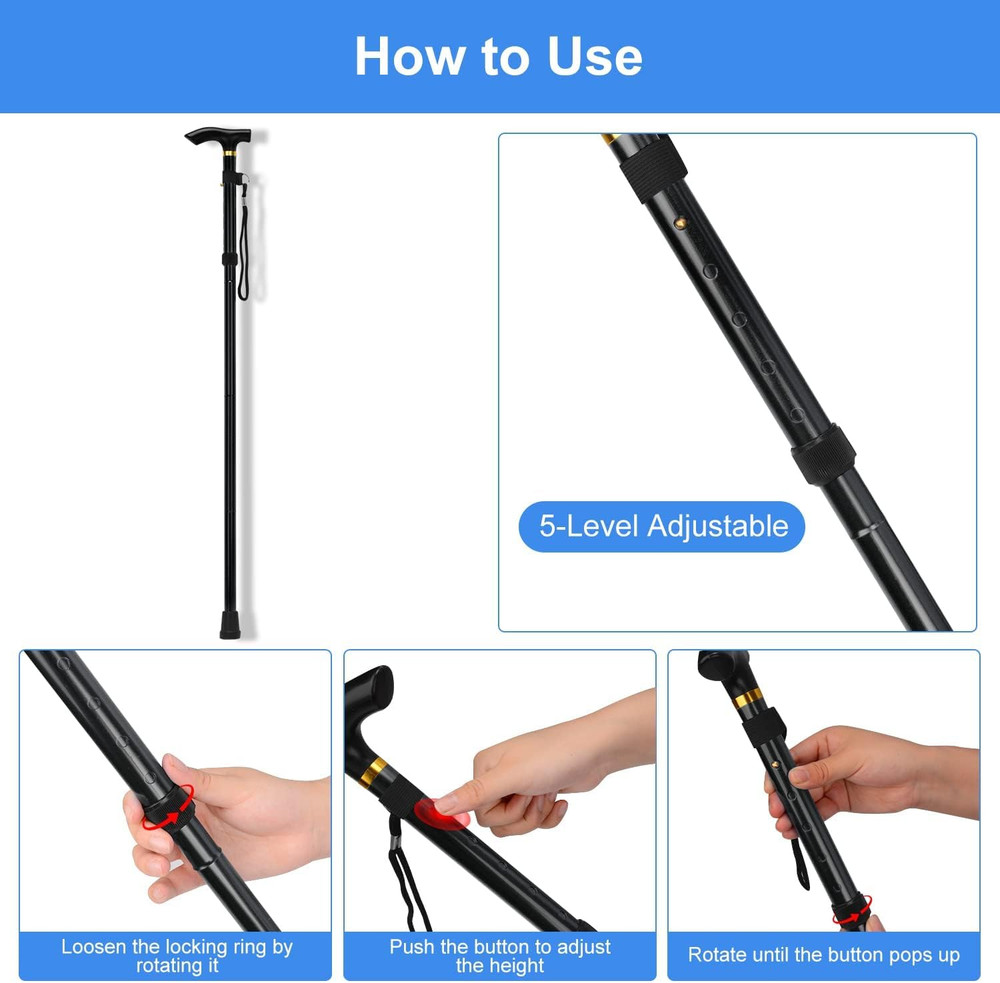 Folding Cane, 5-Level Adjustable Height Walking Stick Lightweight Collapsible...