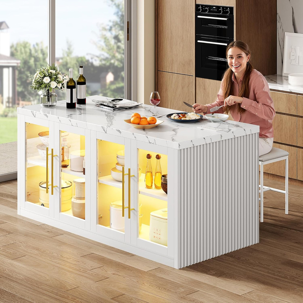 Large Kitchen Island with Storage & LED Light, Rolling Breakfast Bar Table