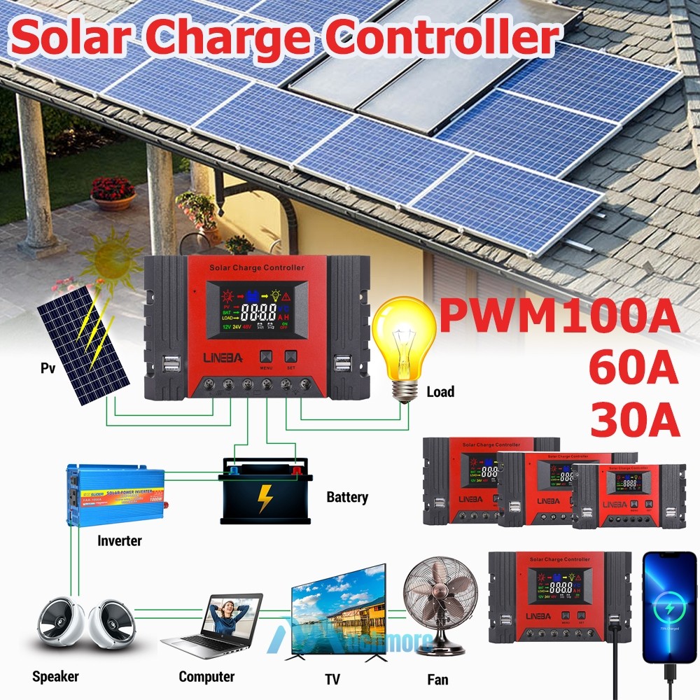 LCD 100A Solar Panel Charge Controller 12V 24V 48V PWM Auto Focus Tracking 4 USB