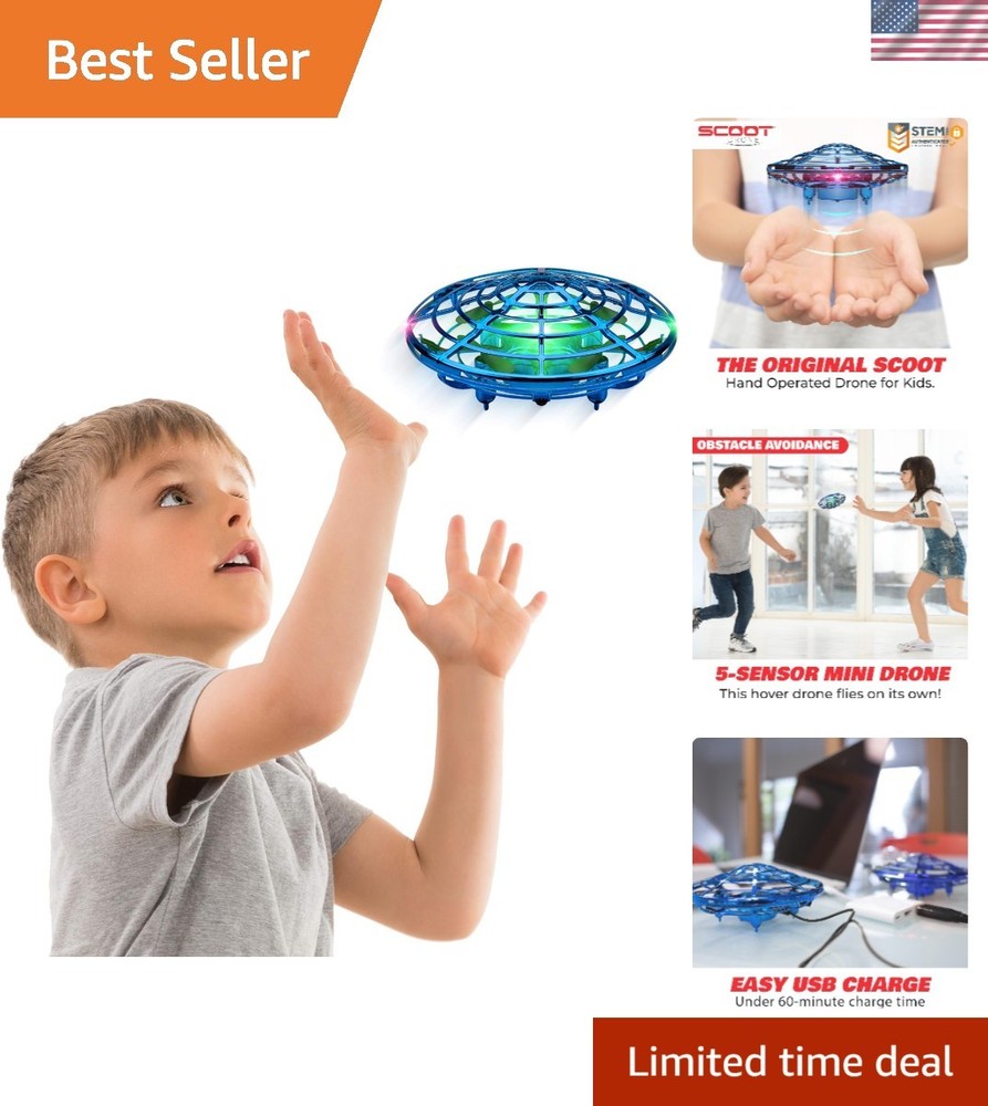 Blue Hand Operated Mini Drone - Vibrant LED Flying Orb with Obstacle Avoidance