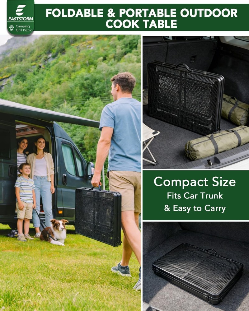 3ft Folding Camping Table W/Wing Panels Adjustable Height Metal Grill Prep Table