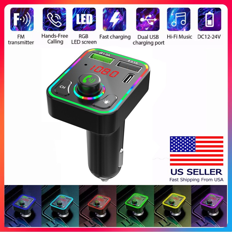 2pcs Bluetooth 5.0 Car Wireless FM Transmitter Adapter PD Charger USB Hands-Free