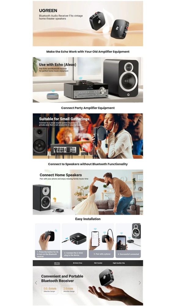 Bluetooth Audio Receiver With 3.5mm & 2 RCA Adapter (Black) (CM123)