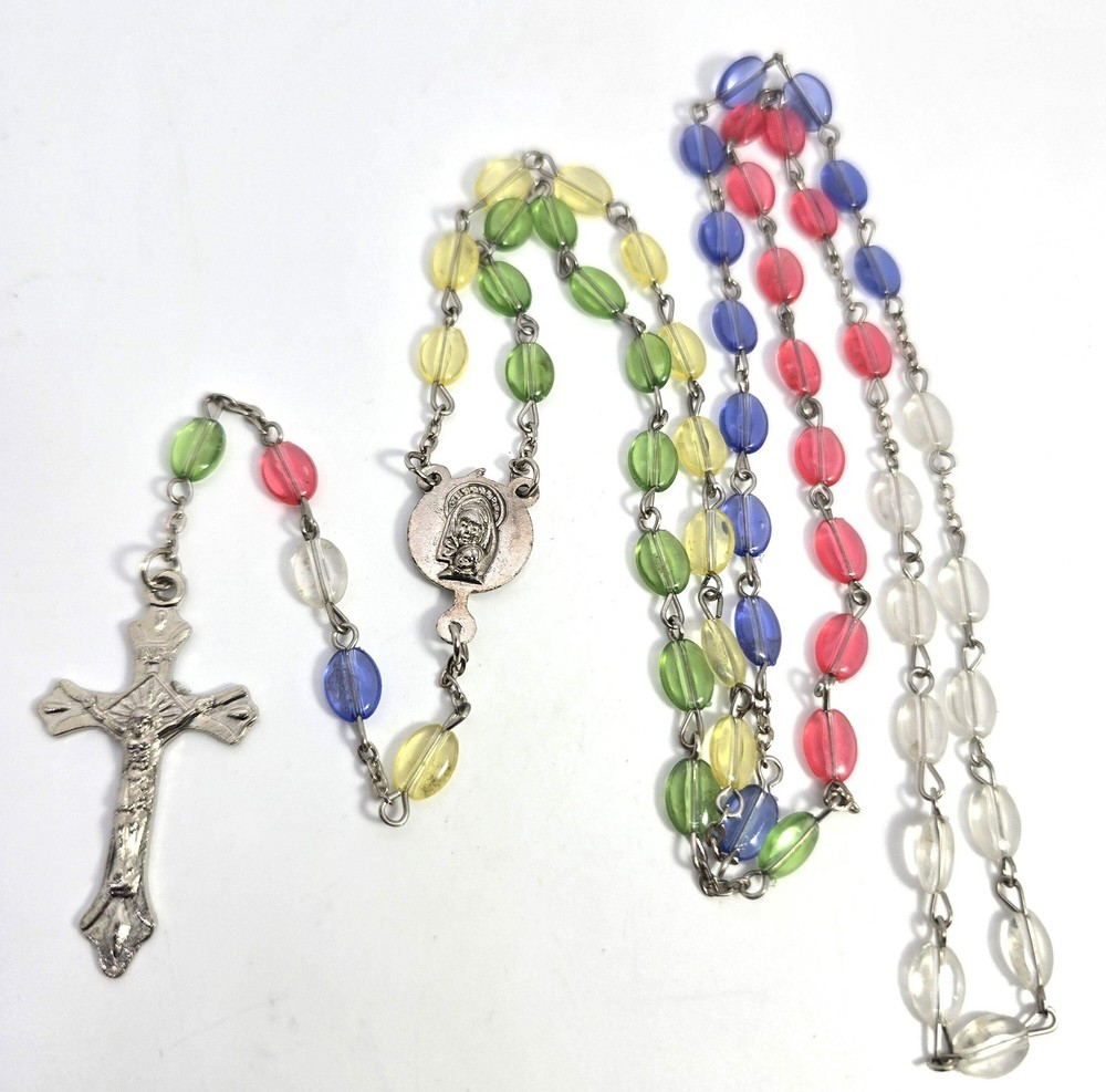 Rainbow oval plastic beaded vintage rosary crucifix