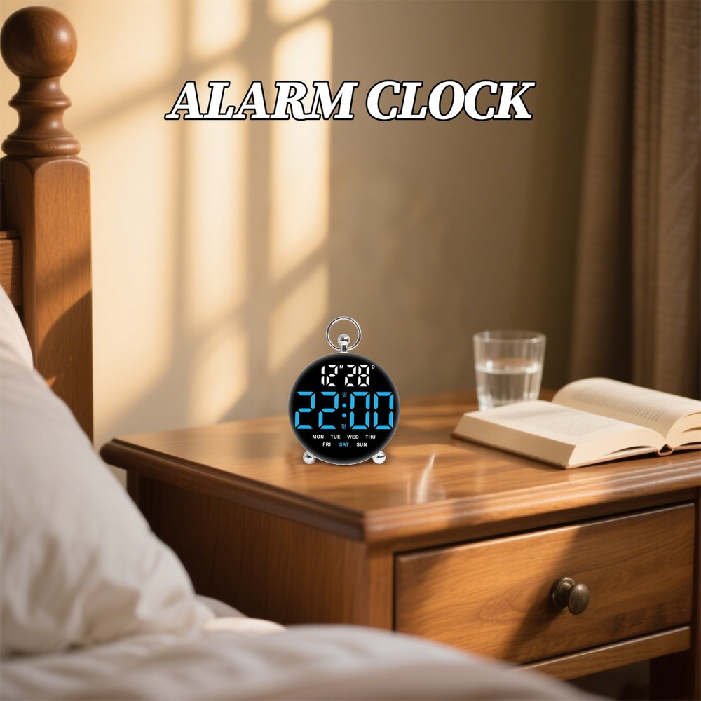 Digital Travel Alarm Clock Compact LCD Display, Dimmable Dual Alarm USB Clock