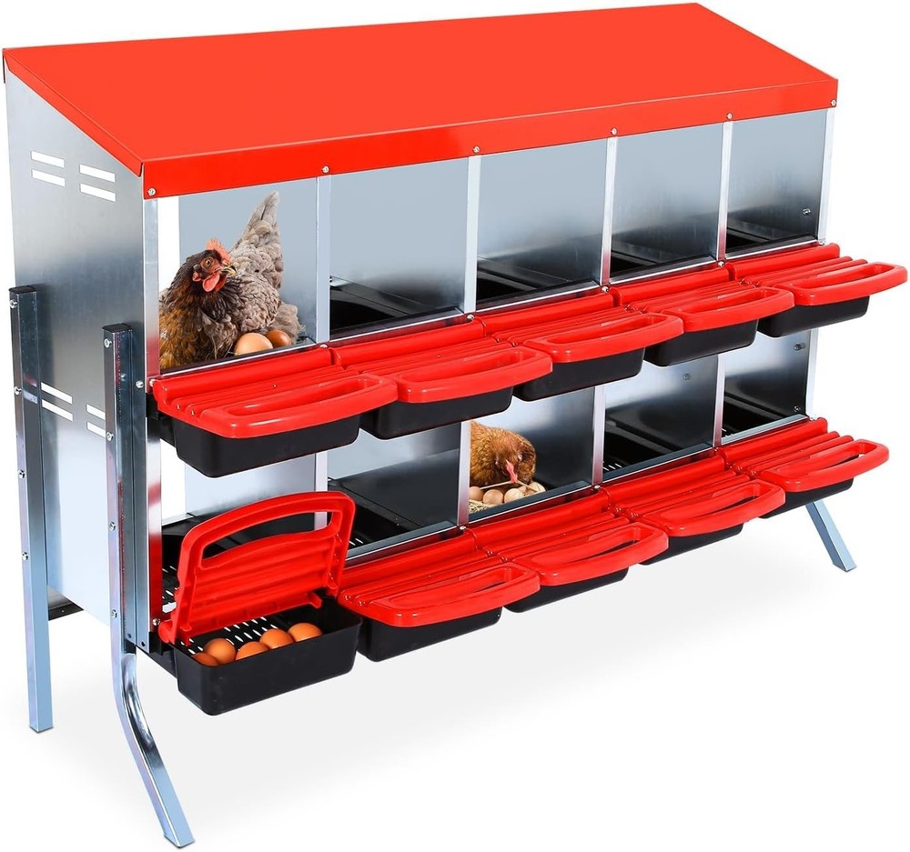 10 Compartment 2-Tier Chicken Nesting Boxes Coop Chicken Egg Laying Box Red
