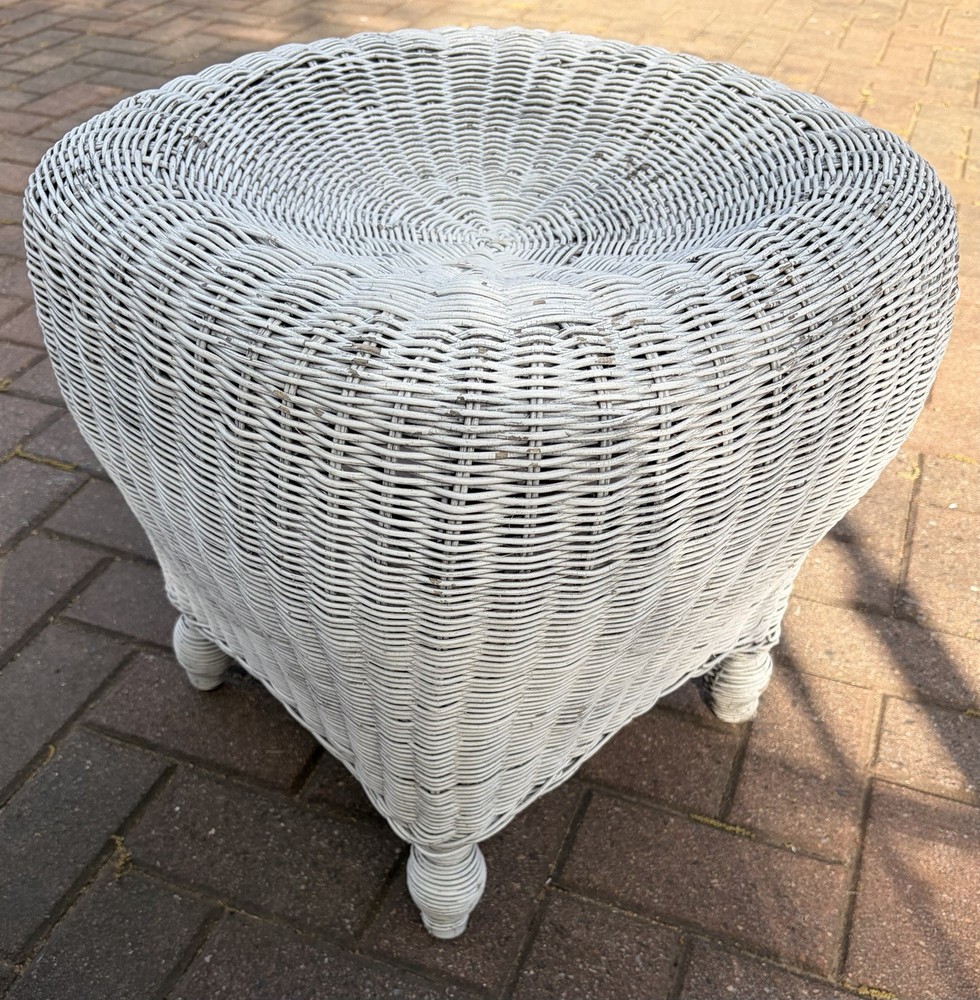 Vintage Victorian Boho White Wicker Ottoman Stool