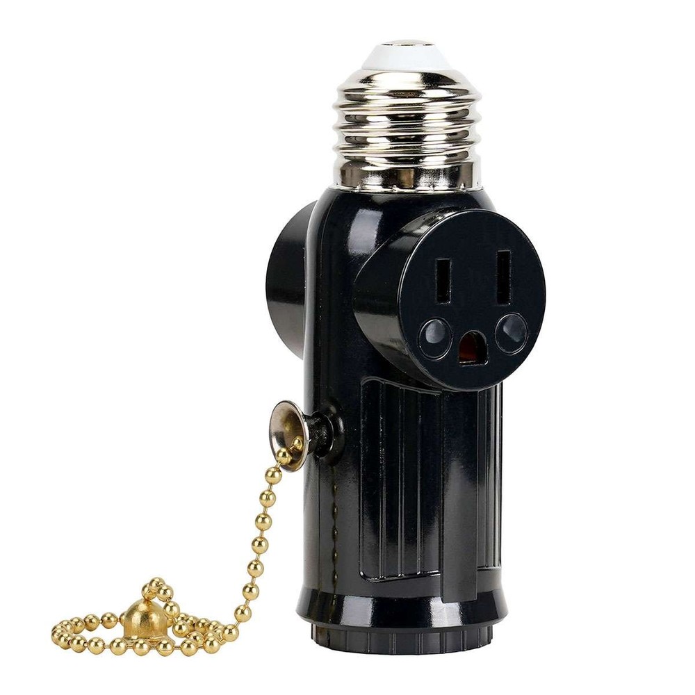 E26/E27 Light Bulb Socket Adapter With 2 AC Outlet Plug And Pull Chain Switch