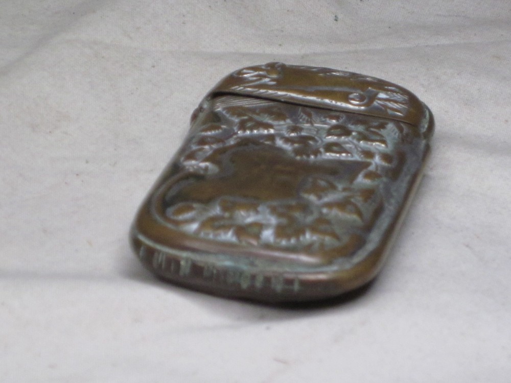antique ornate brass match case small hinged decorated vesta compact container