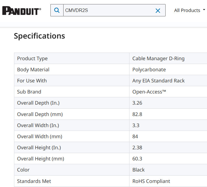PANDUIT 2 in Wide Vertical Cable Mgmt - Open-Access™ Vertical D-Ring - CMVDR2S