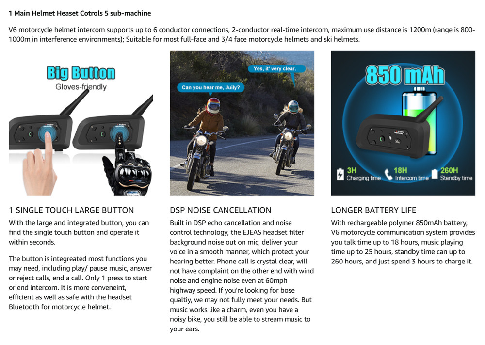 EJEAS Vnetphone V6 Motorcycle Bluetooth Headset, 2 Riders Intercom Bluetooth 5.1