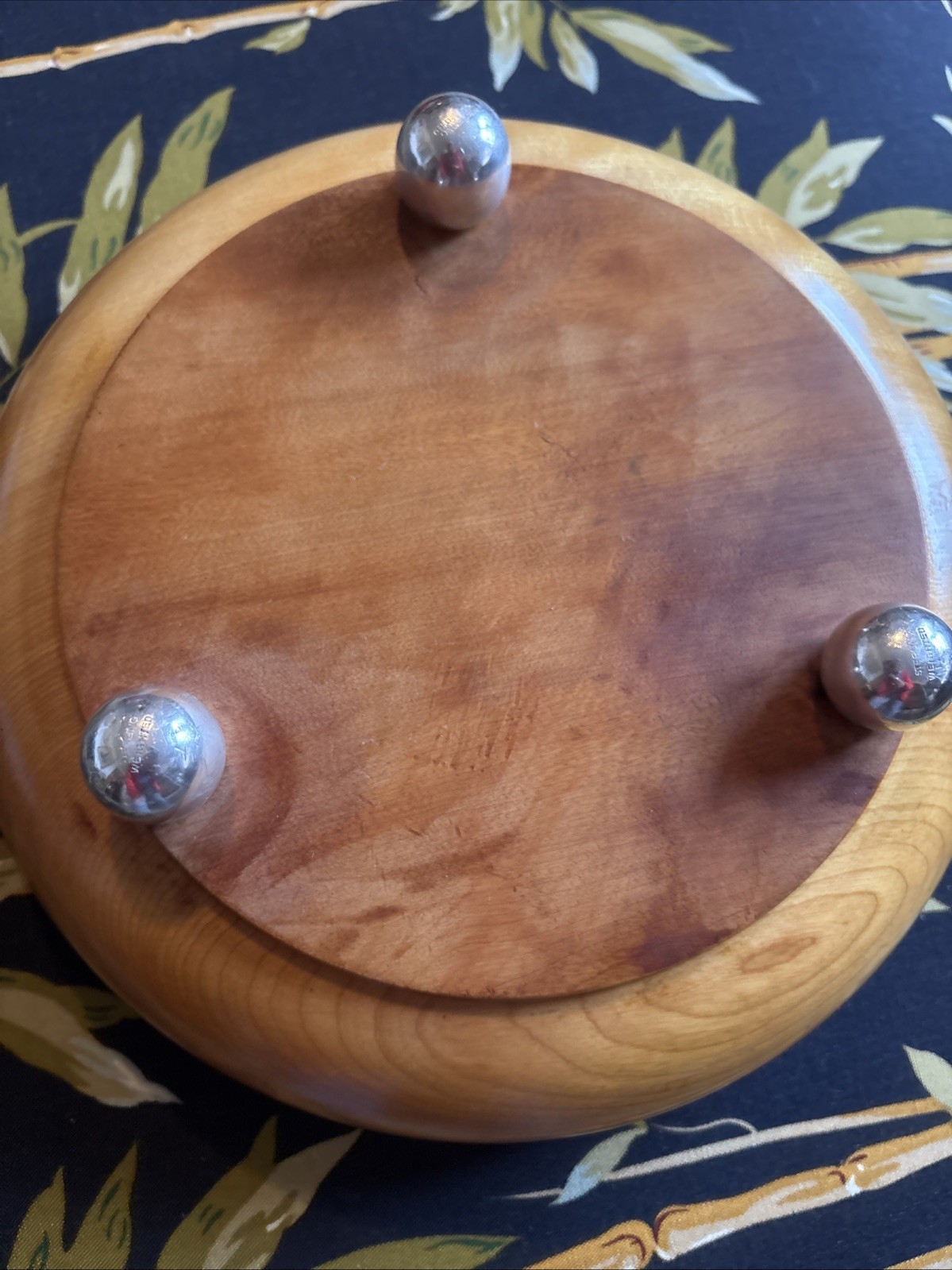 Solid Wood Salad Bowl 3 Sterling Silver Ball Feet Beautiful 9.5”