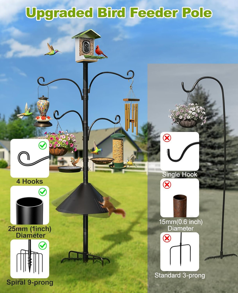 Bird Feeder Pole, 93" Shepherds Hooks Squirrel Proof for Outdoor, Adjustable Hea