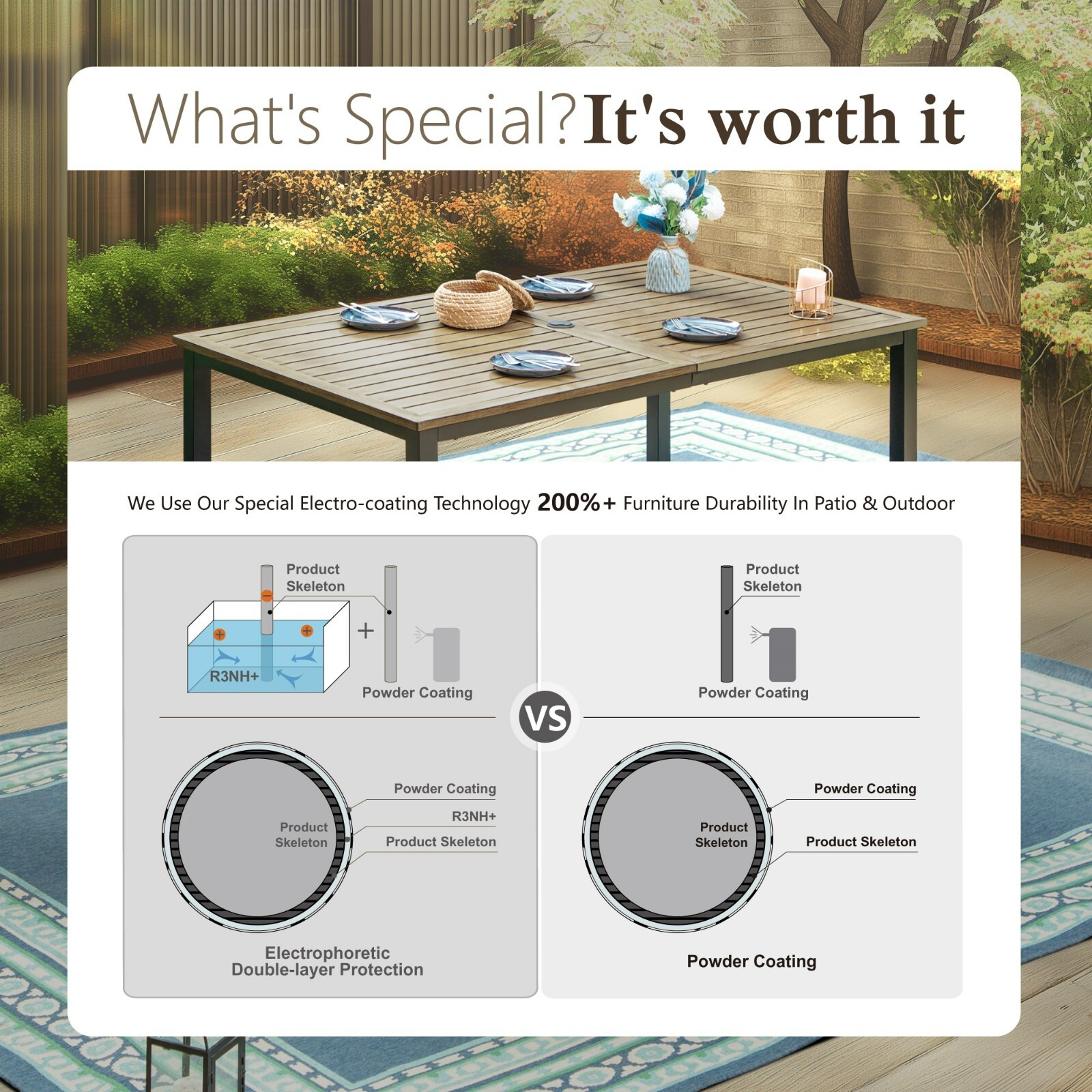 64" Patio Dining Table Metal Large Outdoor Table with Umbrella Hole Heavy Duty