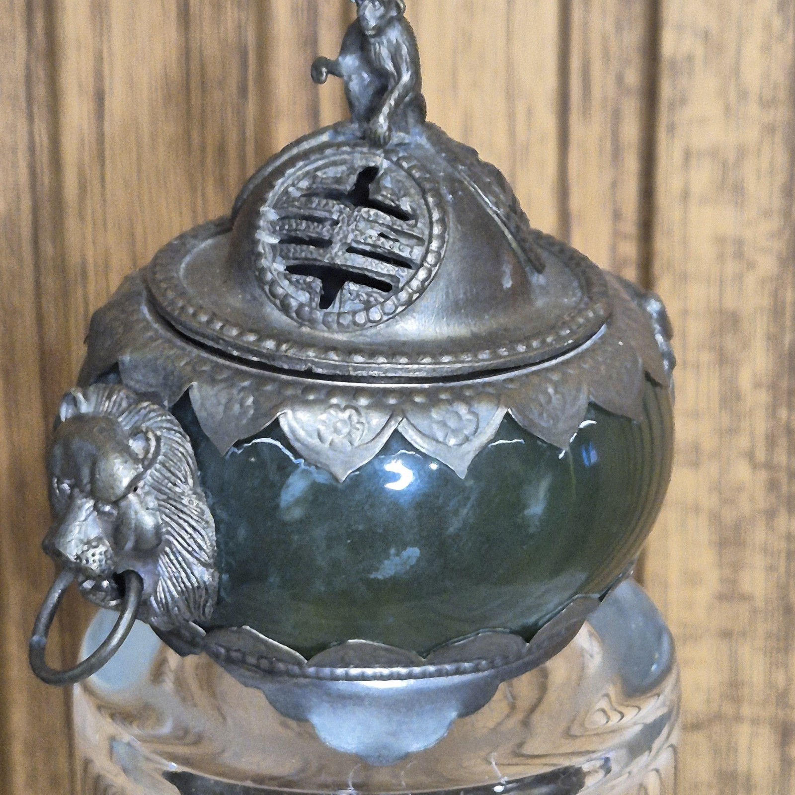 Antique Chinese Nephrite Jade Censer Incense Burner / SILVER HALLMARKS