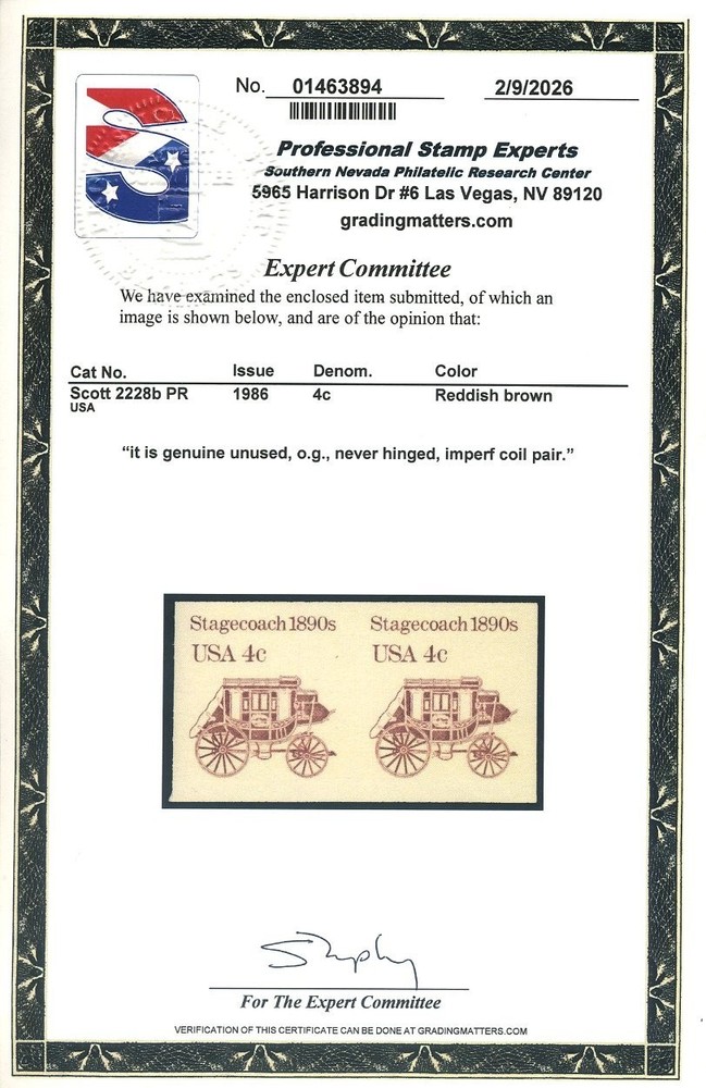 2228b, 4¢ Stagecoach Imperf Pair, Mint NH, PSE Certificate, Scott $175