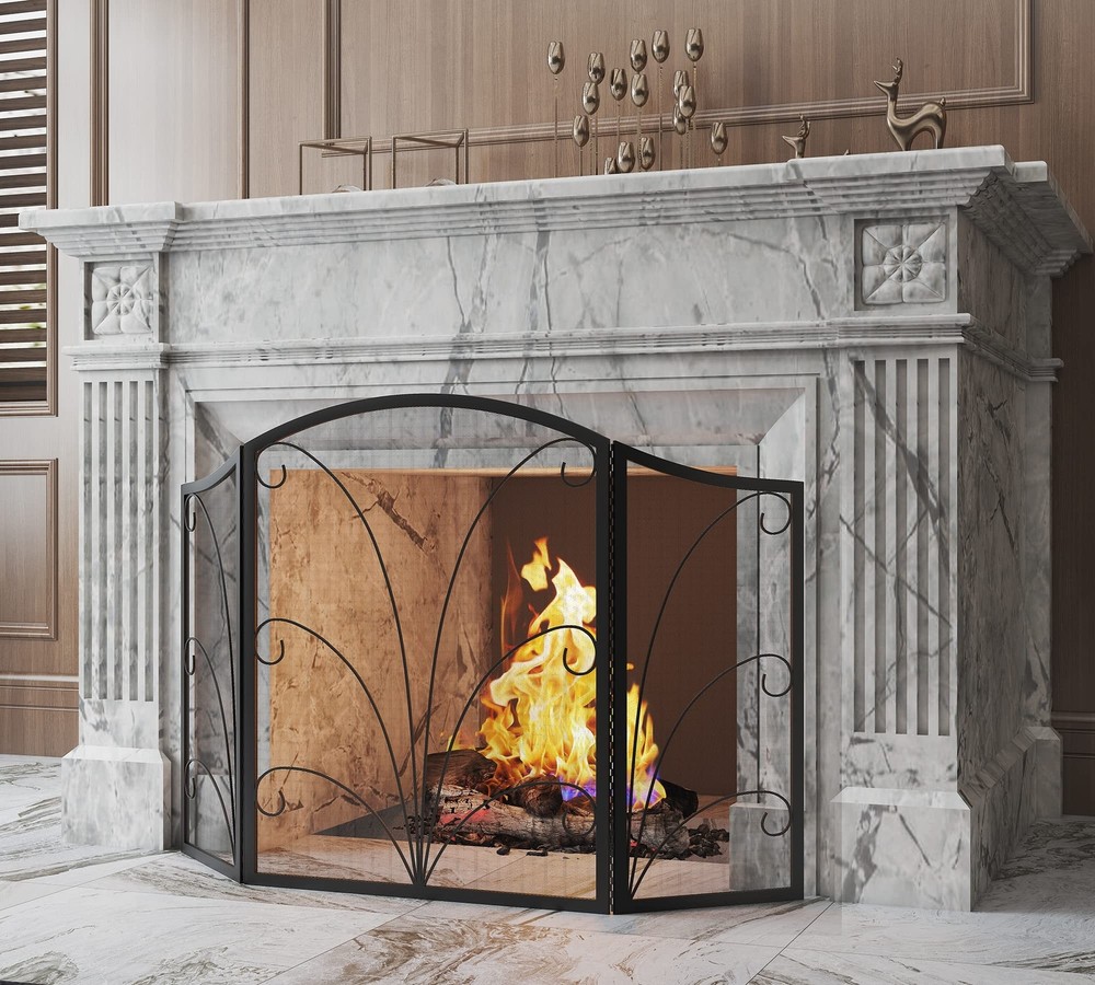 Kingson 3-Panel Arched Fireplace Screen Decorative, Handcrafted Scroll Wrough...
