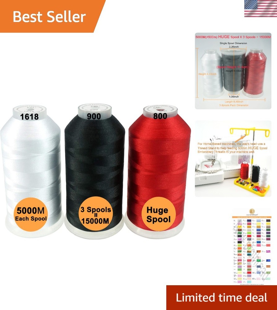 Value Pack: 3 Large 5000M Polyester Embroidery Threads - Color Fast & Durable