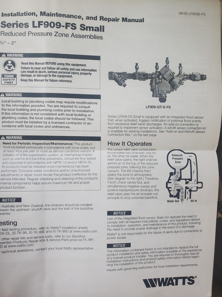 Watts LF909-QT-S-FS backflow preventer 1"