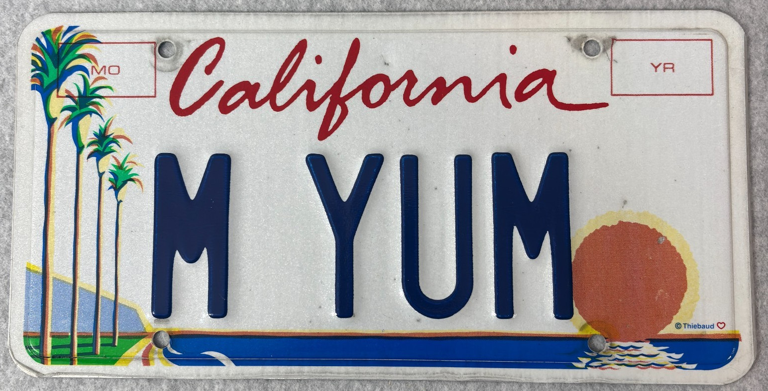 California License Plate Wayne Thiebaud Design M YUM Palm Trees Sunset
