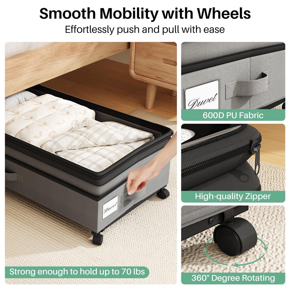 Kitstorack Under Bed Storage with Wheels 2Pack Height-adjustable Under Bed Stora