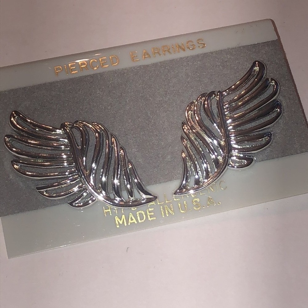 Vintage Silver Tone Retro Boho Wing Pierced Earrings