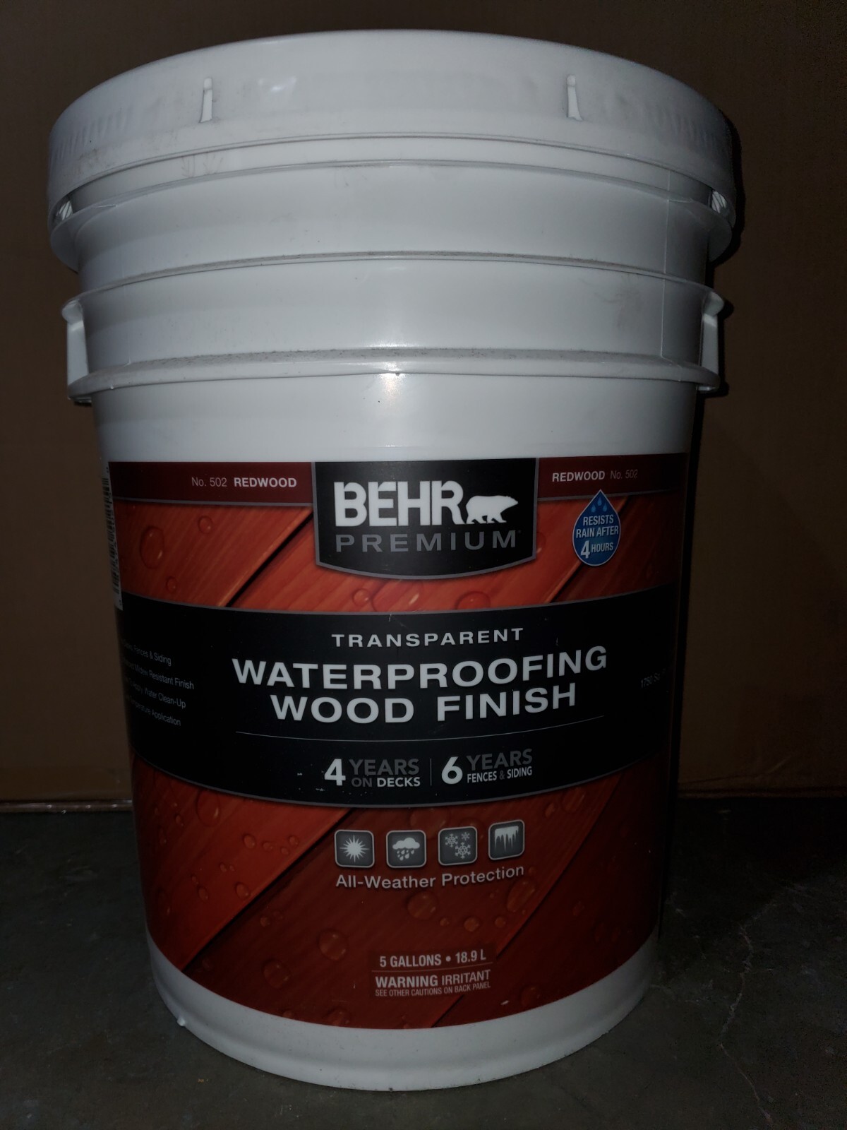 BEHR 5 Gal Premium Transparent Waterproofing Wood Finish REDWOOD #502 T330