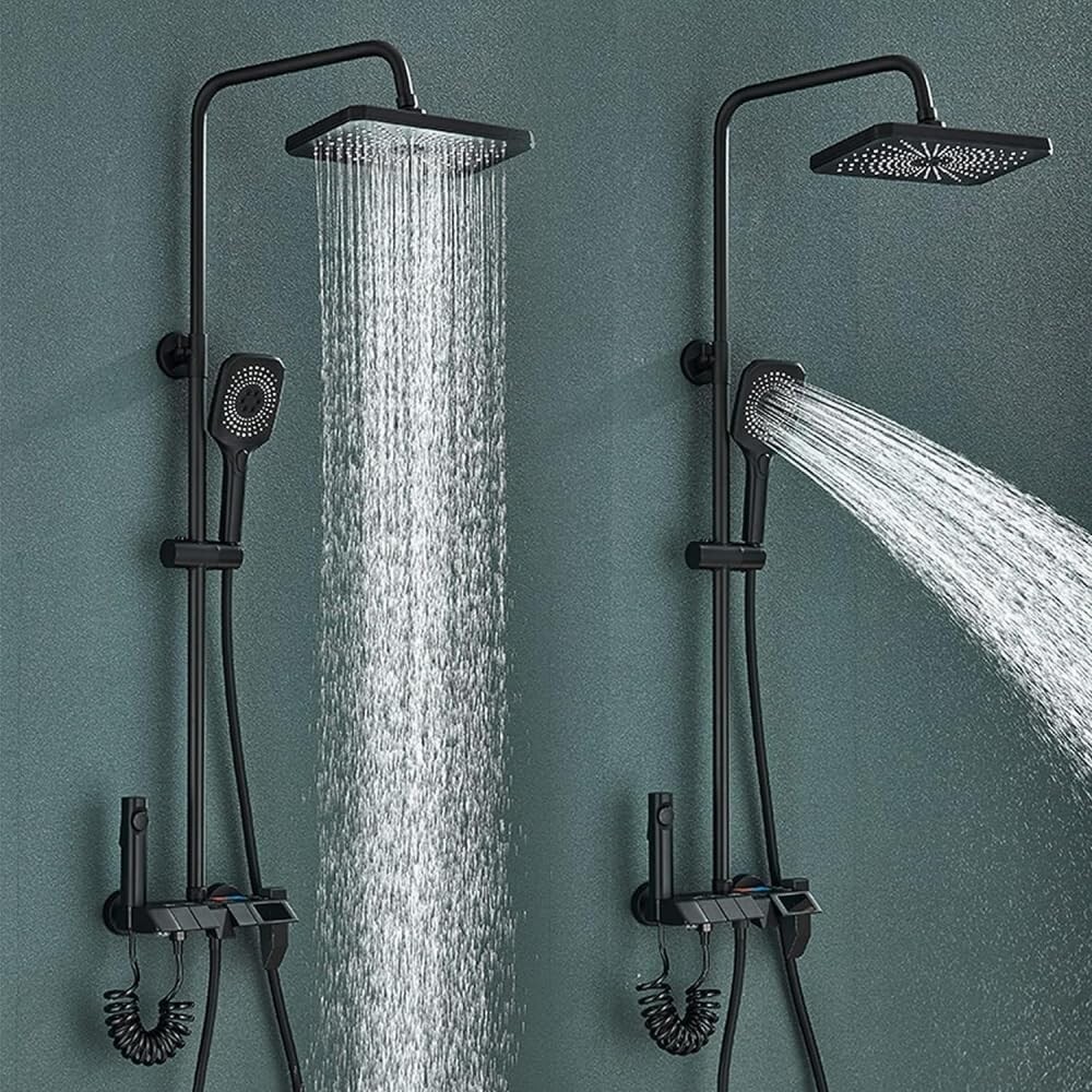 Black Bathroom Shower System w/ Digital Display Exposed Rainfall Shower Fixture