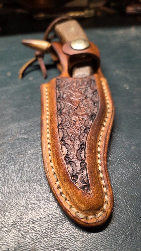 Sharp Finger Brown Leather Sheath Burlap Micarta Handle