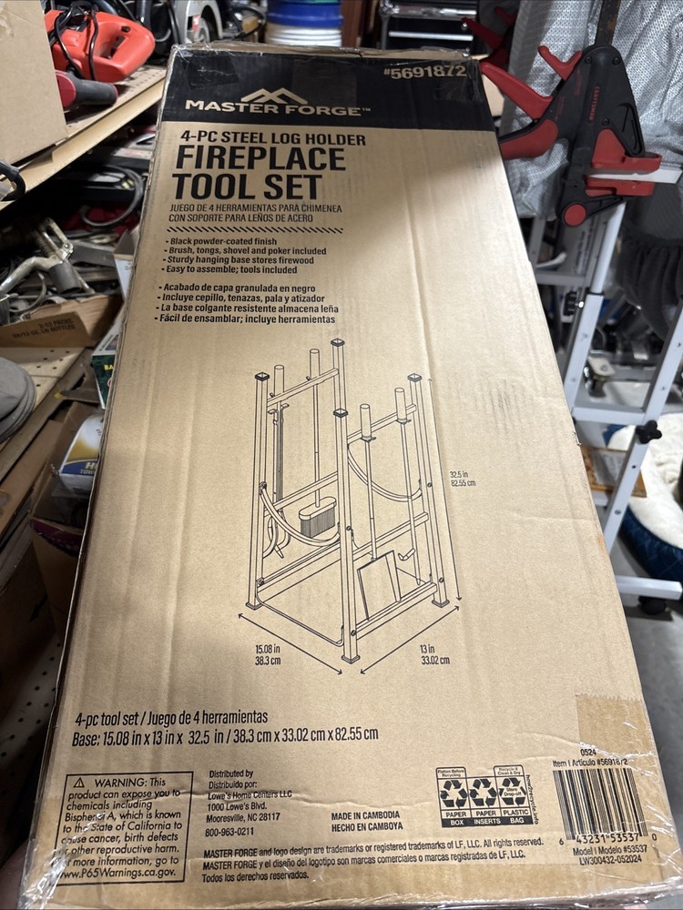 Master Forge 4 PC Fireplace Tools Set & Log Holder NIB