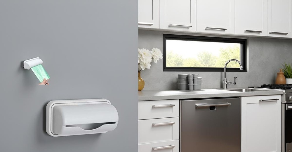Gray wall-mounted garbage bag dispenser, small kitchen storage accessory
