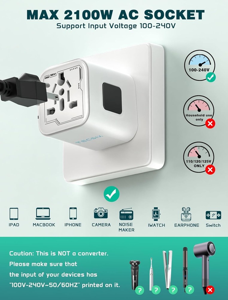 Universal Travel Adapter, Compact Power Plug for 200+ Countries, 2500W