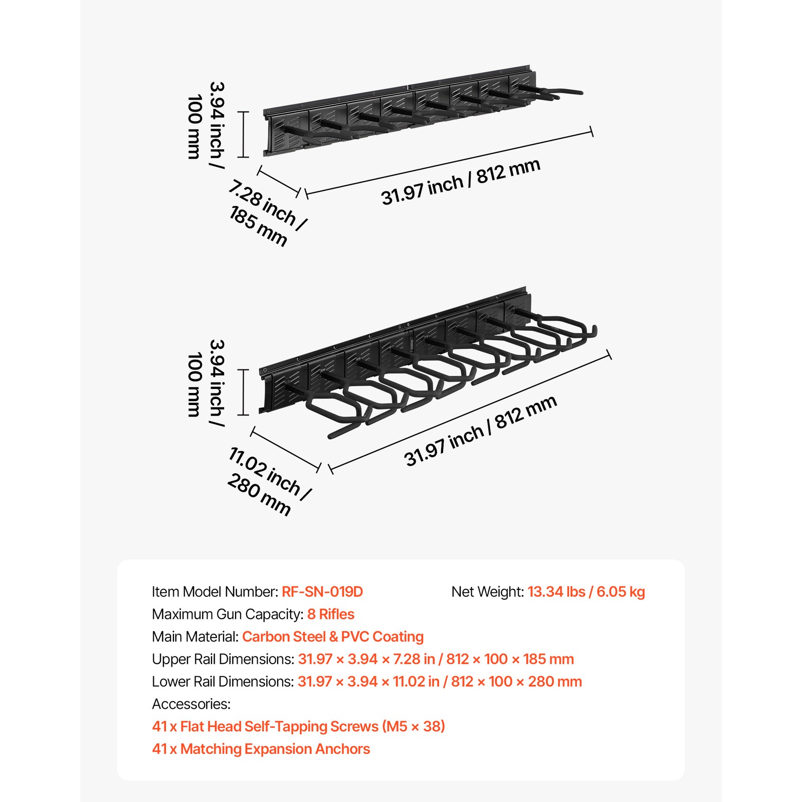 Uimoso Indoor Steel Gun Rack Wall Mount for Rifles and Shotguns, 8 Slots