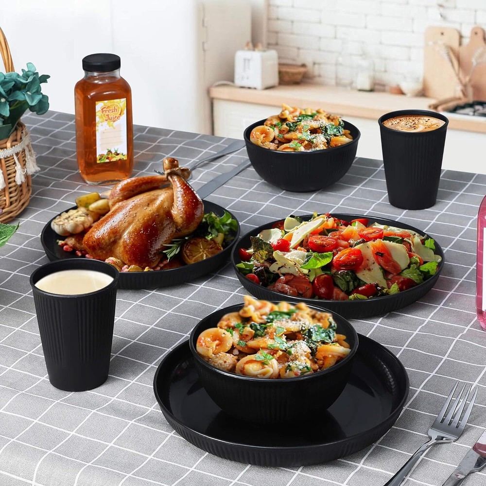 12pcs Wheat Straw Dinnerware Sets for 4, Kitchen Plate, Black