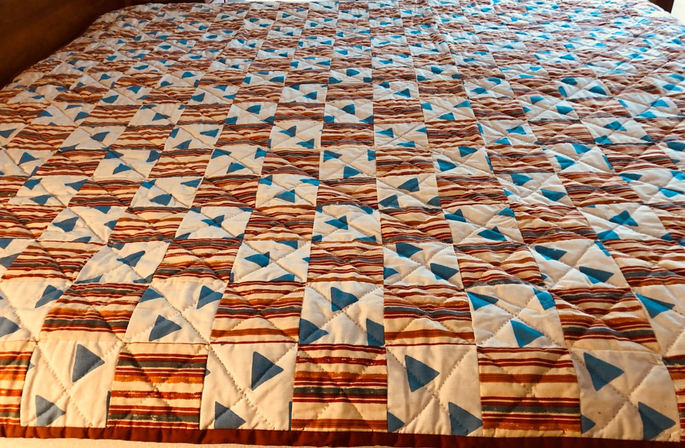 Reversable Rust White and Blue Quilt "Diamond" 85 x 100