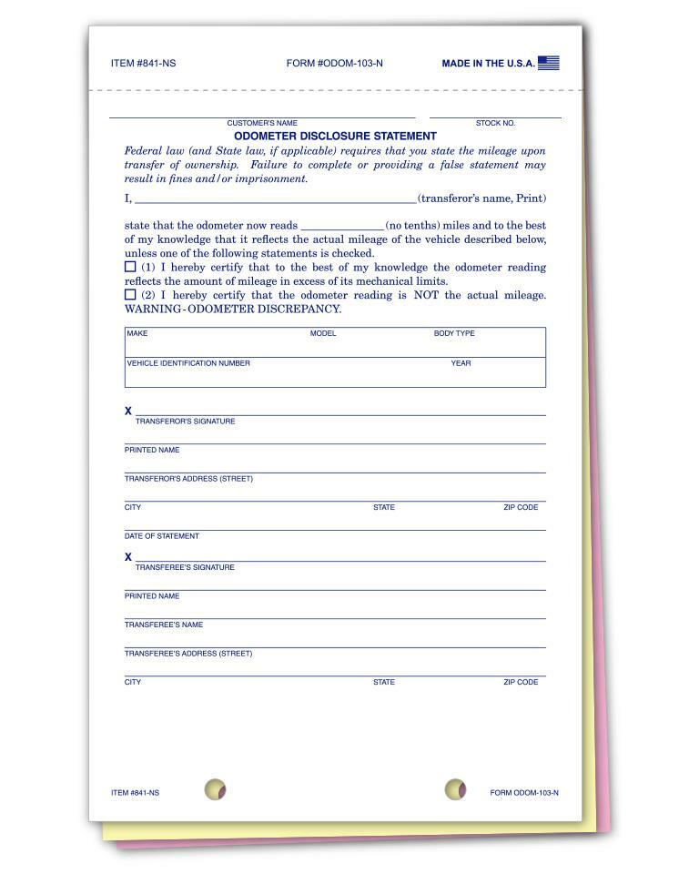 ODOMETER DISCLOSURE STATEMENT / 3 PART - QTY. 100 / Item #: ODOM-103NS