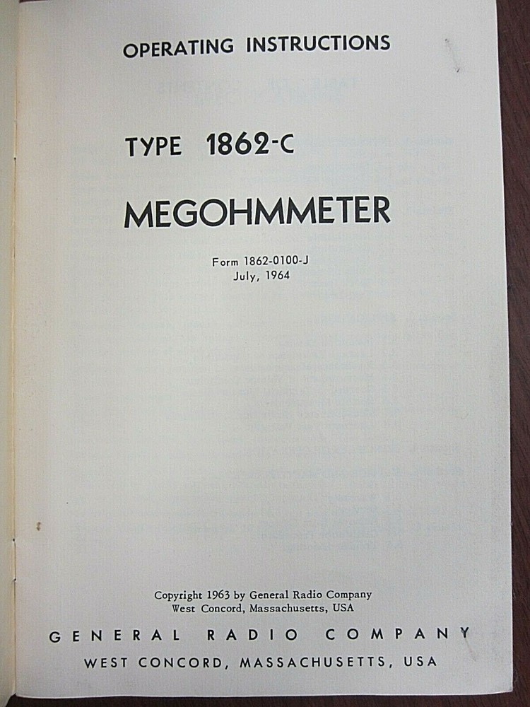 GR Type 1862-CS3 Megohmmeter Operating Instructions