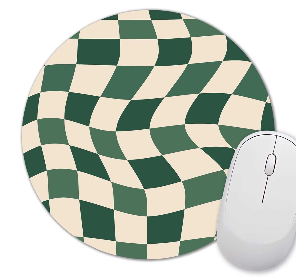 Green Checkered Mouse Pad Small, Abstract Wavy Pattern Mousepad, Cute Aesthet...