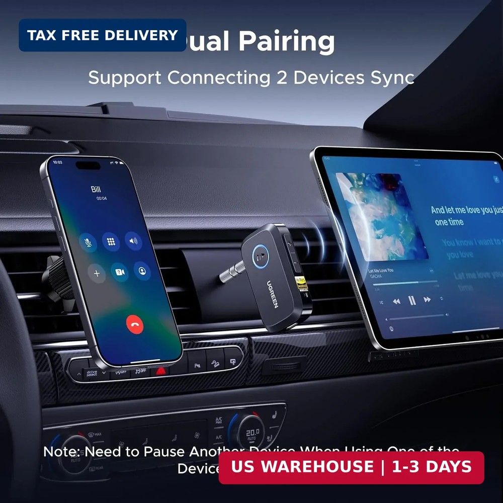 UGREEN Bluetooth 6.0 Receiver for Car with LDAC, AI Noise Cancelling 3.5mm AUX B