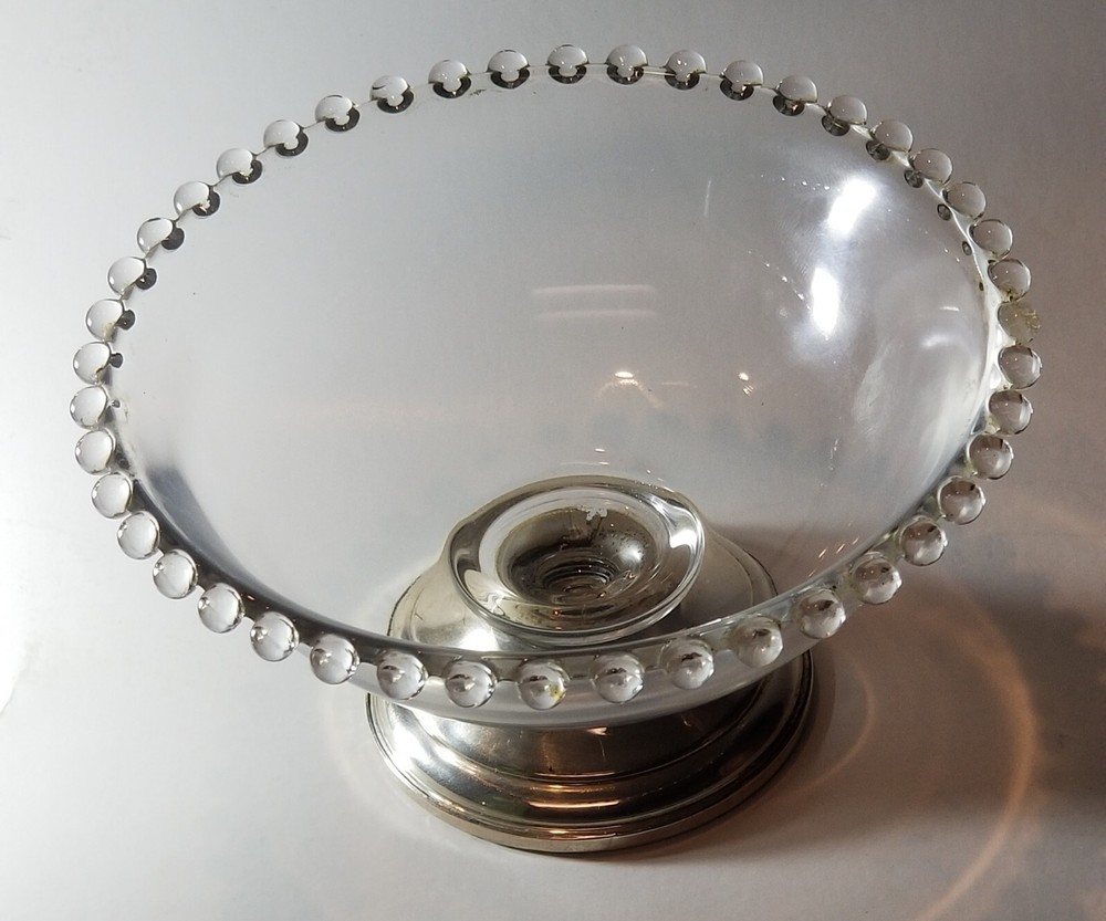 CROWN Sterling Silver Weighted Compote Silver Base Glass Dish Bowl, Nubby Edged