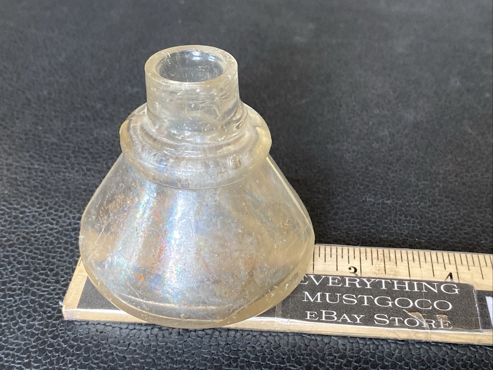 Antique Iridescent Clear Sheered Lip Cone Ring Shoulder 19th C Ink Well Bottle