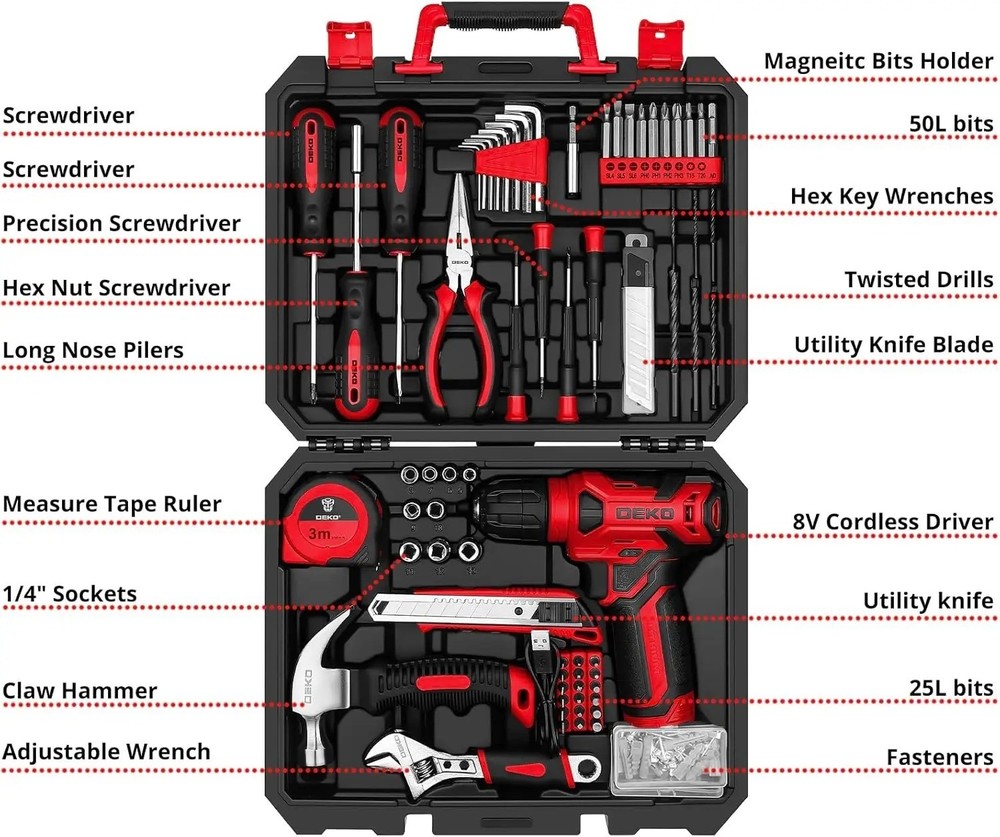 Drill Set Tool Set with 8V Red Cordless Drill, Home Tool Kit with Drill,