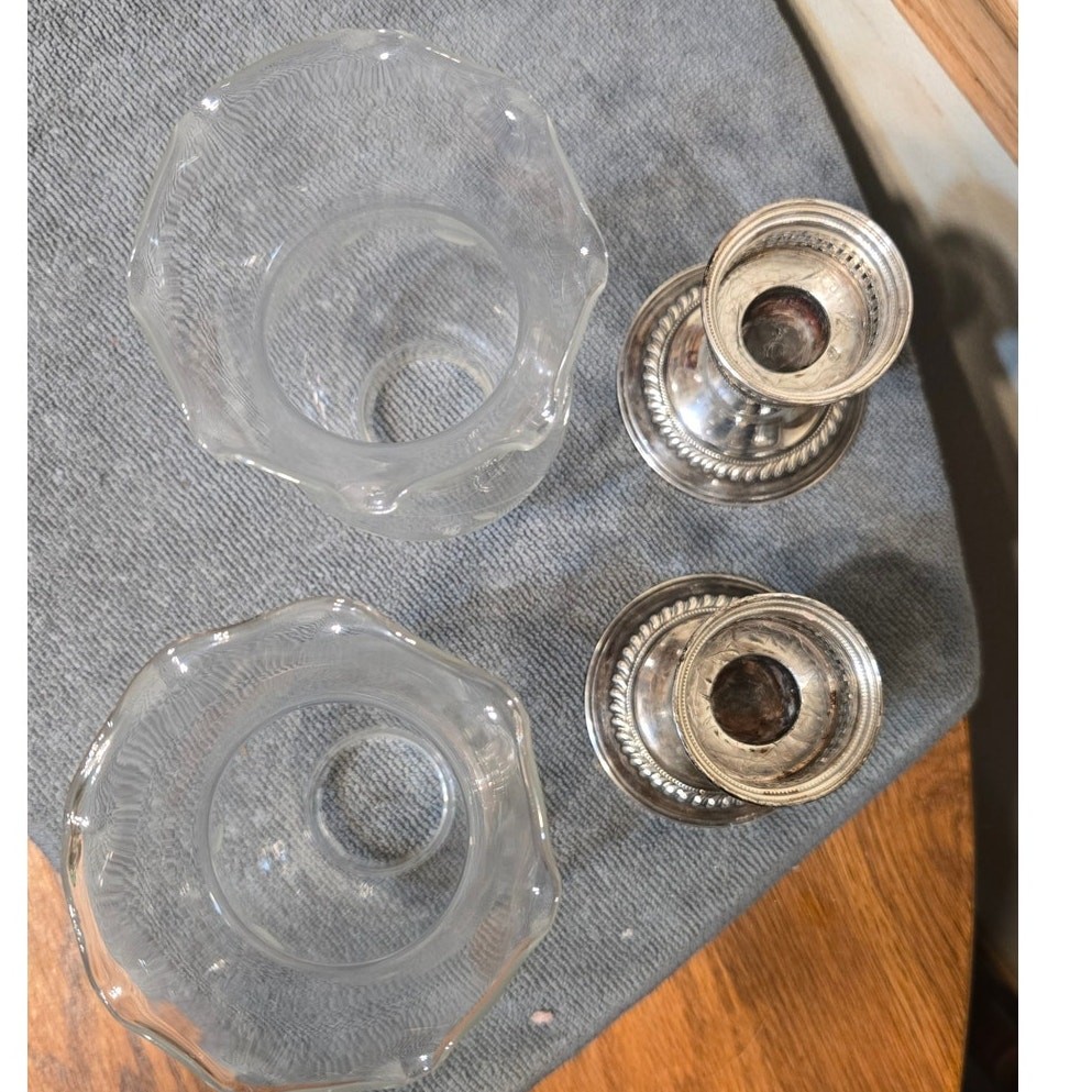 Pr Sterling Silver Hurricane Candleholders w Etched Crimped Shades